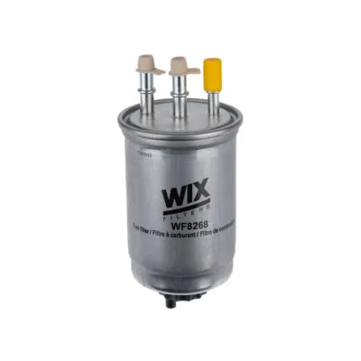 The FUEL FILTER HYUNDAI/KIA/SSANGYONG, interchangeable with Z644 and WF8268, features three metal connectors and a yellow cap. Designed for efficient contaminant removal, this after-market filter suits Hyundai, Kia, and Ssangyong vehicles.