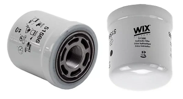 Two white WIX hydraulic filters are displayed with product numbers and text visible, shown from various angles. These include the adaptable HYDRAULIC FILTER | BT8416, which can be interchanged with Bobcat 6686926 and John Deere AM102723.