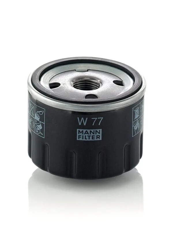 A black Mann oil filter, model W 77, is displayed against a white background, emphasizing its circular design and fittings inspired by the precision engineering seen in the B7165, P502024, 57035 Donaldson oil filter 492932.