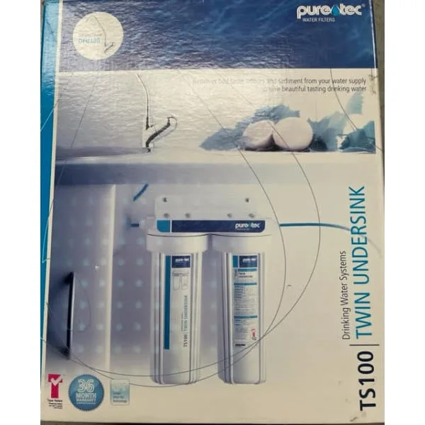 Image showcasing a Puretec TS100 Twin Undersink Drinking Water System box with a modern kitchen sink setup, highlighting sustainable water solutions akin to the ECO AQUA REFRIGERATOR WATER FILTER EFF-6047A.