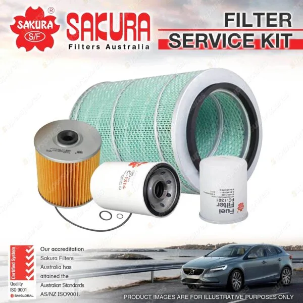 Sakura Filters Australia's VOLKSWAGON AMAROK 2.0L Turbo Diesel Kit includes air, oil, and fuel filters, rubber rings, and a car image, complete with certifications and company logos for assured quality.