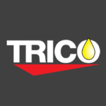 Logo with the word "TRICO" in white, featuring a yellow oil drop as the letter "I's" dot, over a red triangular shape on a dark background.