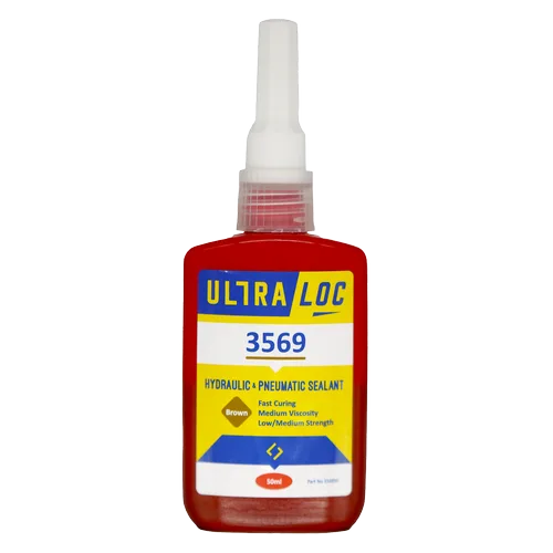 Red bottle of Ultra Loc 3569 hydraulic and pneumatic sealant, 50ml. Features include fast curing, brown color, medium viscosity, and low/medium strength.