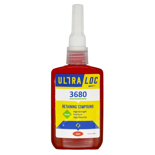 The ULTRALOC RETAINING COMPOUND 3680 10 ML is packaged in a red bottle featuring a white nozzle, and its label emphasizes its high strength, fast curing ability, and high viscosity for dependable performance.