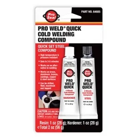 A blister pack containing two tubes of Pro Seal Pro Weld Quick Cold Welding Compound (2x28g) features one hardener and one steel compound tube designed for fast-setting steel repairs.