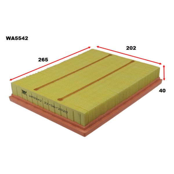 The WA5542 AIR FILTER features a rectangular design with dimensions of 265x202x40 mm, boasting a yellow pleated surface and a red base for optimal airflow.