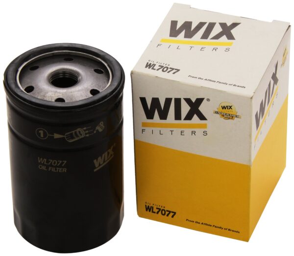 A black Wix oil filter next to its branded yellow and white box.