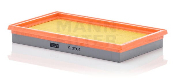 Rectangular air filter with orange frame and yellow pleated material, labeled "Mann Filter C 2594," against a white background.