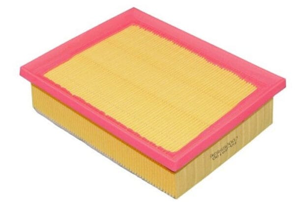 Rectangular air filter with a pink frame and pleated yellow paper.