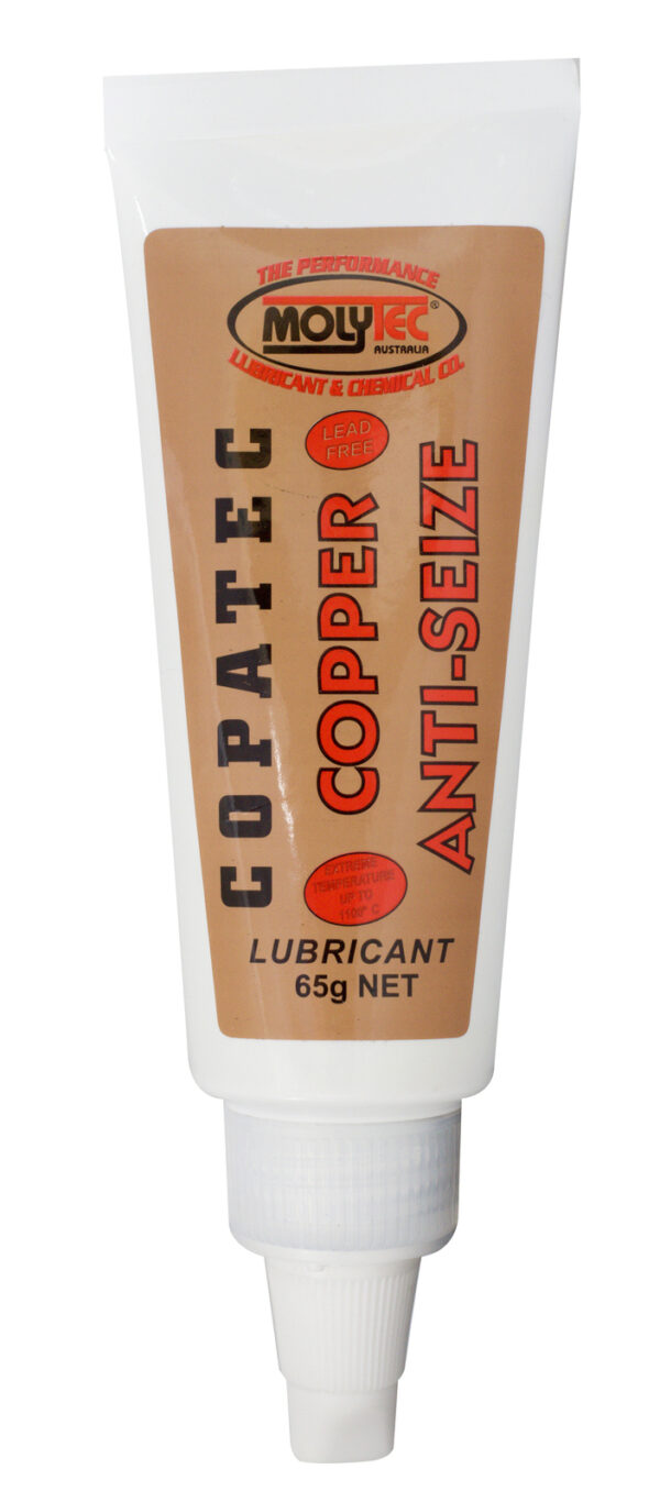 Tube of Copatec copper anti-seize lubricant, 65g net, with a red and beige label.