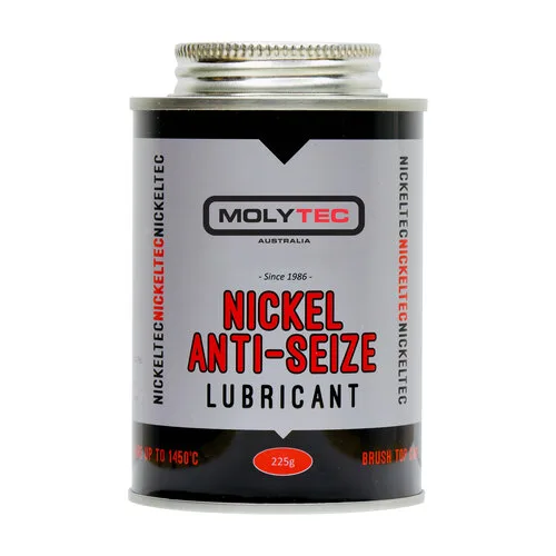 A can of Molytec Nickel Anti-Seize Lubricant with a red and black label, featuring text about the product and its specifications.