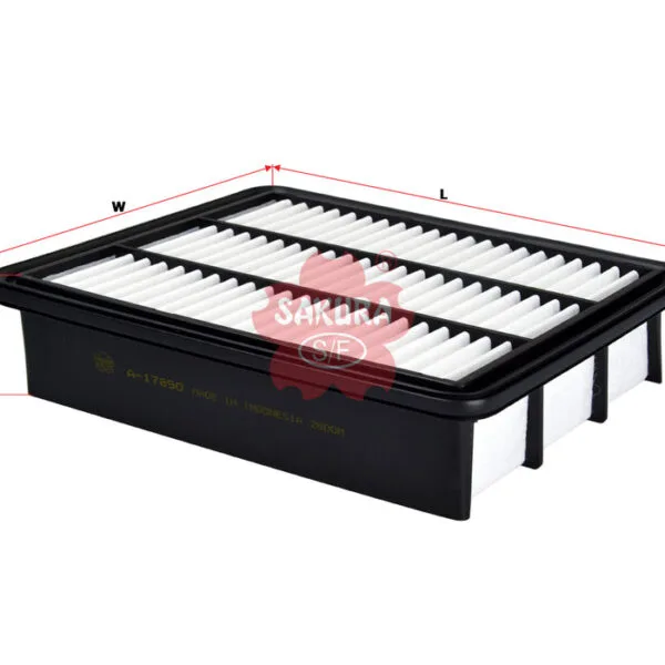 Rectangular air filter with white pleats, black frame, and measurement lines indicating width and length. "Sakura" logo displayed on top.