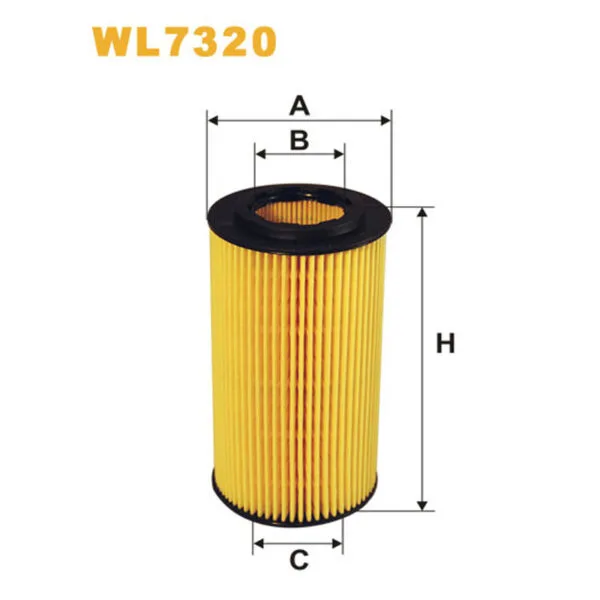 Diagram of a yellow cylindrical filter labeled WL7320, showing dimensions A, B, C, and H.