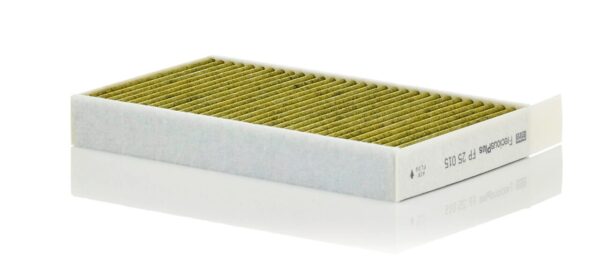 A rectangular pleated cabin air filter, the FP25015 MANN Biofunctional Cabin Filter, is showcased on a white background, featuring a light gray frame and green biofunctional filter material.