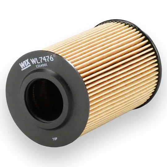 A cylindrical automotive oil filter with a pleated paper surface and black end caps, labeled "WIX WL7496.