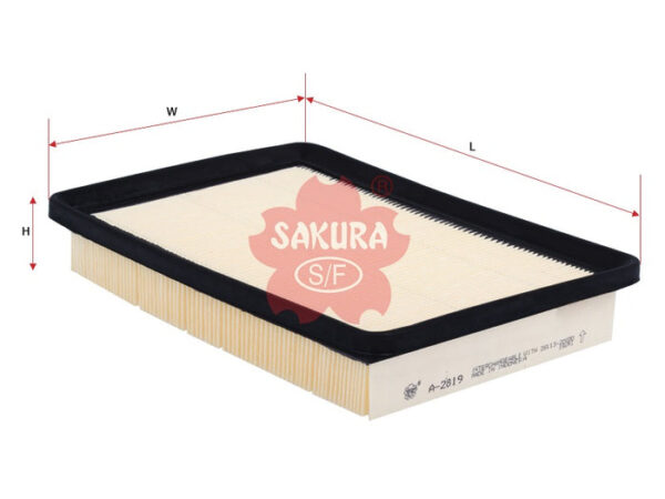 Rectangular air filter with a black frame and pleated paper element, labeled with dimensions and branded with a red Sakura logo.