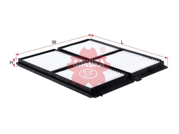 Rectangular car air filter with accordion-style pleats, featuring a black frame. Arrows indicate measurements: height (H), width (W), and length (L). Sakura logo overlaid on image.