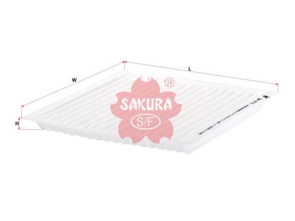 White car air filter with ribbed pattern, labeled "Sakura S/F," shown at an angle with dimensions marked length, width, and height.