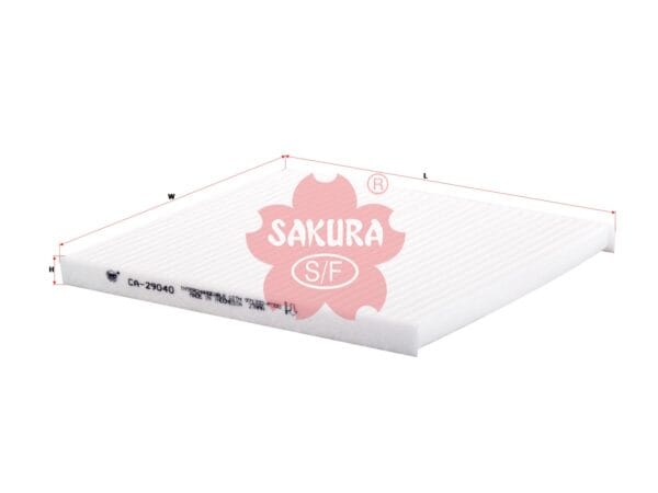 Square air filter with white ridges and the brand "Sakura" printed on the side, shown with its dimensions marked in red.