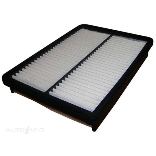 Rectangular car air filter with a black frame and pleated white filter material.