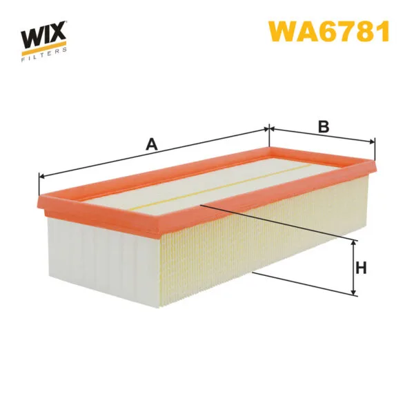 Rectangular air filter WA6781 with dimensions labeled A, B, and H. Orange frame and white pleats. Brand name "WIX Filters" in the top left corner.