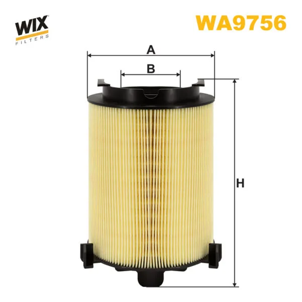 A cylindrical Wix WA9756 air filter with dimensions labeled A, B, and H. The filter features a pleated design and a black cap.