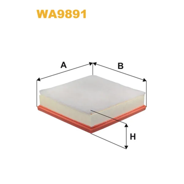 Illustration of an air filter with measurements labeled A, B, and H, under model number WA9891.