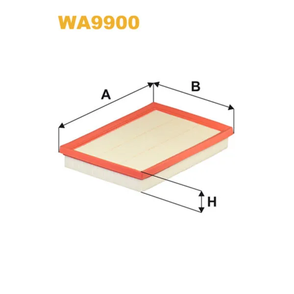 Rectangular air filter with red edges and white pleated surface, labeled WA9900, with dimensions A, B, and H indicated by arrows.