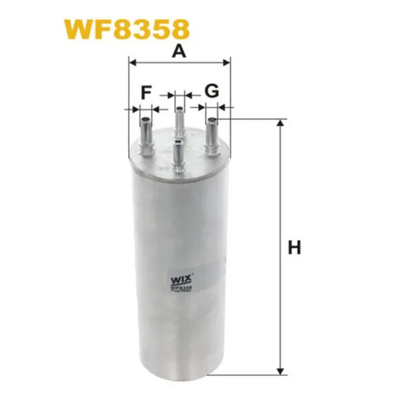 Silver cylindrical automotive part labeled "WIX WF8358" with four protruding rods on top, accompanied by measurement indicators labeled A, F, G, and H.