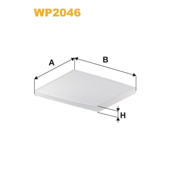 Image of a white rectangular object labeled WP2046 with dimensions A, B, and H indicated by arrows.