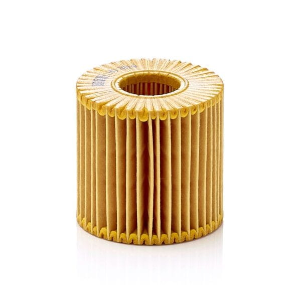 A cylindrical pleated paper air filter with a central hole, standing upright against a white background.