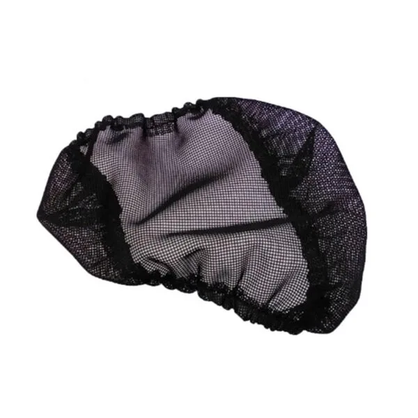 Black mesh hair net with an elastic band.