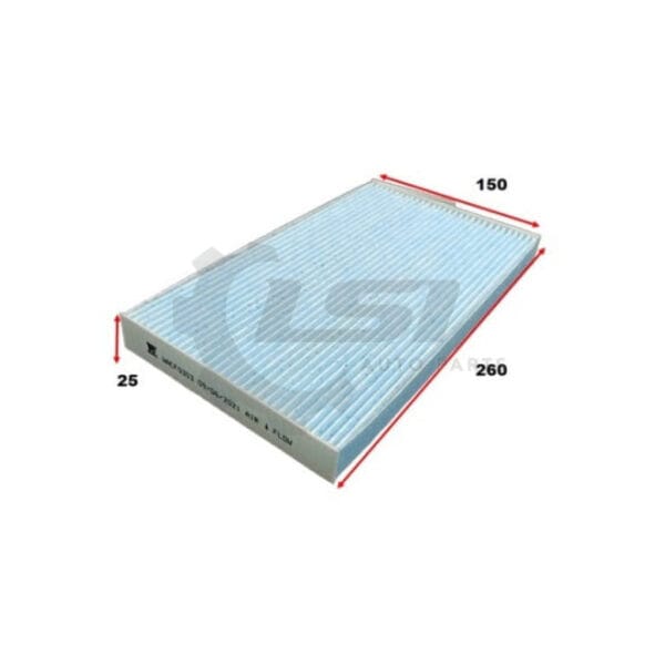 Rectangular air filter with dimensions labeled: 150mm width, 25mm depth, 260mm length.