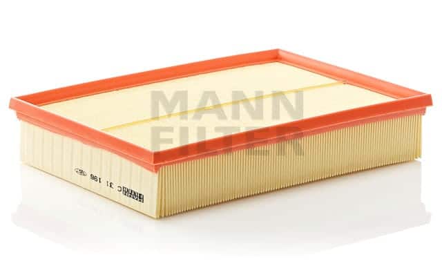 Rectangular air filter with a yellow pleated medium and an orange rubber frame, labeled "MANN FILTER" on the surface.
