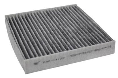 Rectangular, pleated gray car cabin air filter with text on the side.