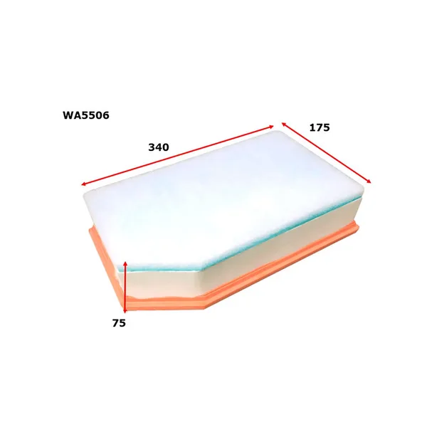 A rectangular air filter with measurements: length 340 mm, width 175 mm, and height 75 mm. Model number WA5506 displayed.