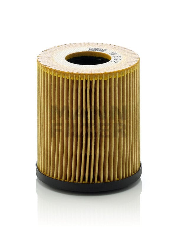 A cylindrical oil filter with vertical pleats and black end caps, set against a plain white background.