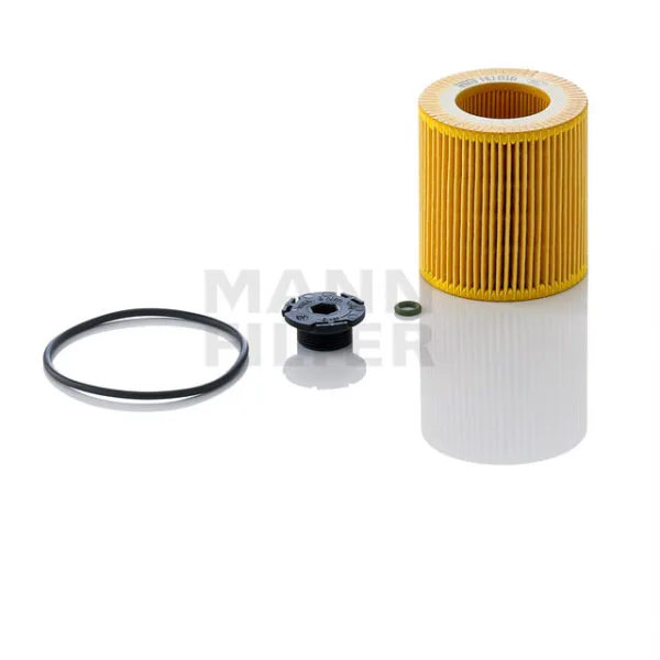 Yellow cylindrical filter with black cap, rubber ring, and small metal component on white surface.