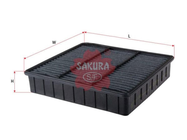 Rectangular automotive air filter with embossed "Sakura" logo, shown with width, length, and height dimensions indicated by red arrows.