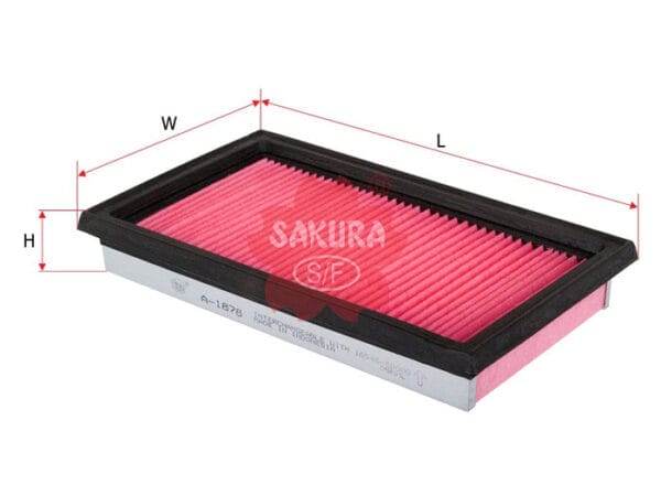 Rectangular pink air filter with a black frame, labeled "Sakura A-1878," featuring arrows indicating dimensions: Length (L), Width (W), and Height (H).