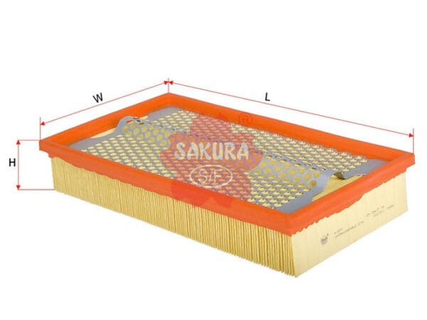 Orange and beige rectangular air filter with perforated metal top, labeled "SAKURA." Dimensions labeled L, W, and H.