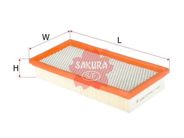 Rectangular air filter with orange border, wire mesh on top, and dimensions labeled with "L," "W," and "H." Sakura branding is in the center.