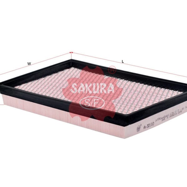 Rectangular car air filter with black frame and red mesh surface, featuring Sakura logo on top.