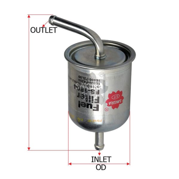 Silver fuel filter with labeled inlet and outlet, featuring curved metal tubes.