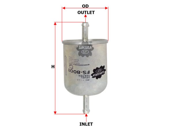 Sakura FS-8001 fuel filter with labeled dimensions for OD, outlet, H, and inlet.