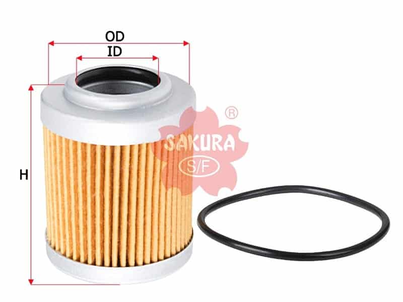 Cylindrical oil filter with a rubber gasket beside it. Filter dimensions labeled: OD (outside diameter), ID (inside diameter), H (height). Brand name "Sakura" is visible.