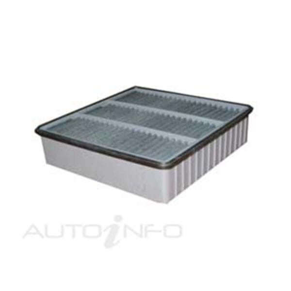 A rectangular automotive air filter with a white plastic frame and gray pleated filter material.