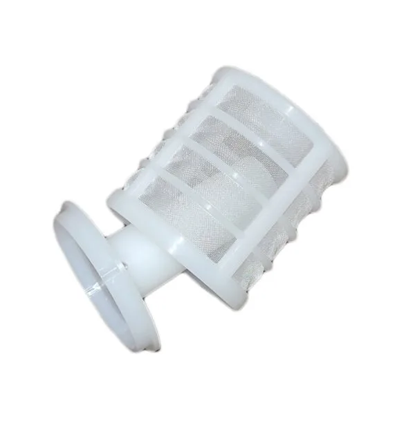 A white plastic and metal mesh cylindrical filter with a flange on one end, shown against a plain white background.