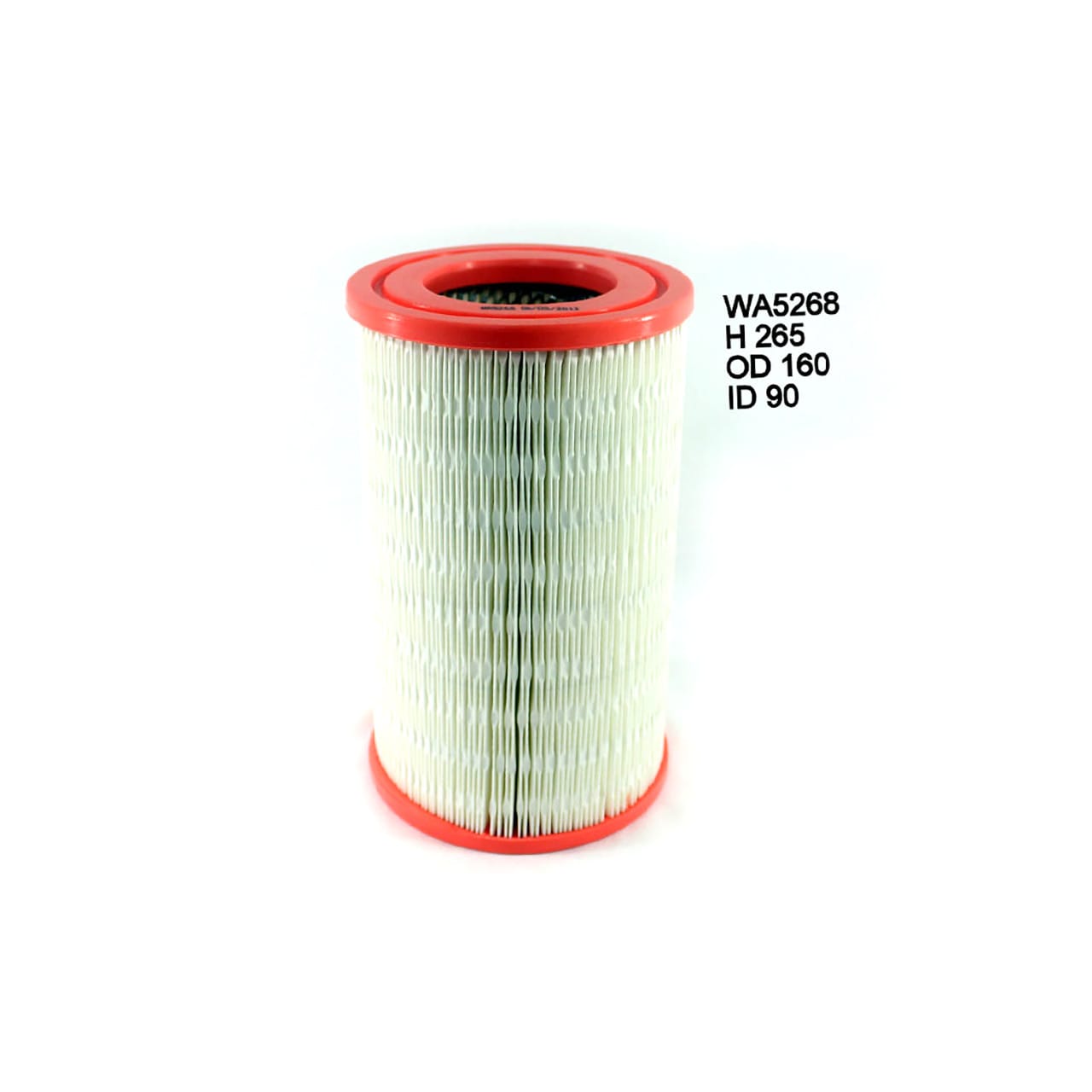 Cylindrical air filter with red ends. Labeled WA5268, H 265, OD 160, ID 90.