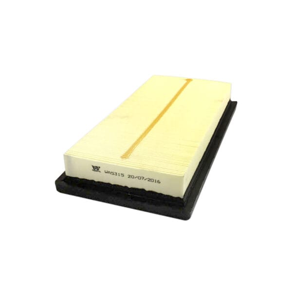 Rectangular air filter with pleated paper element on a black base, marked with a date code "20-07-2016".